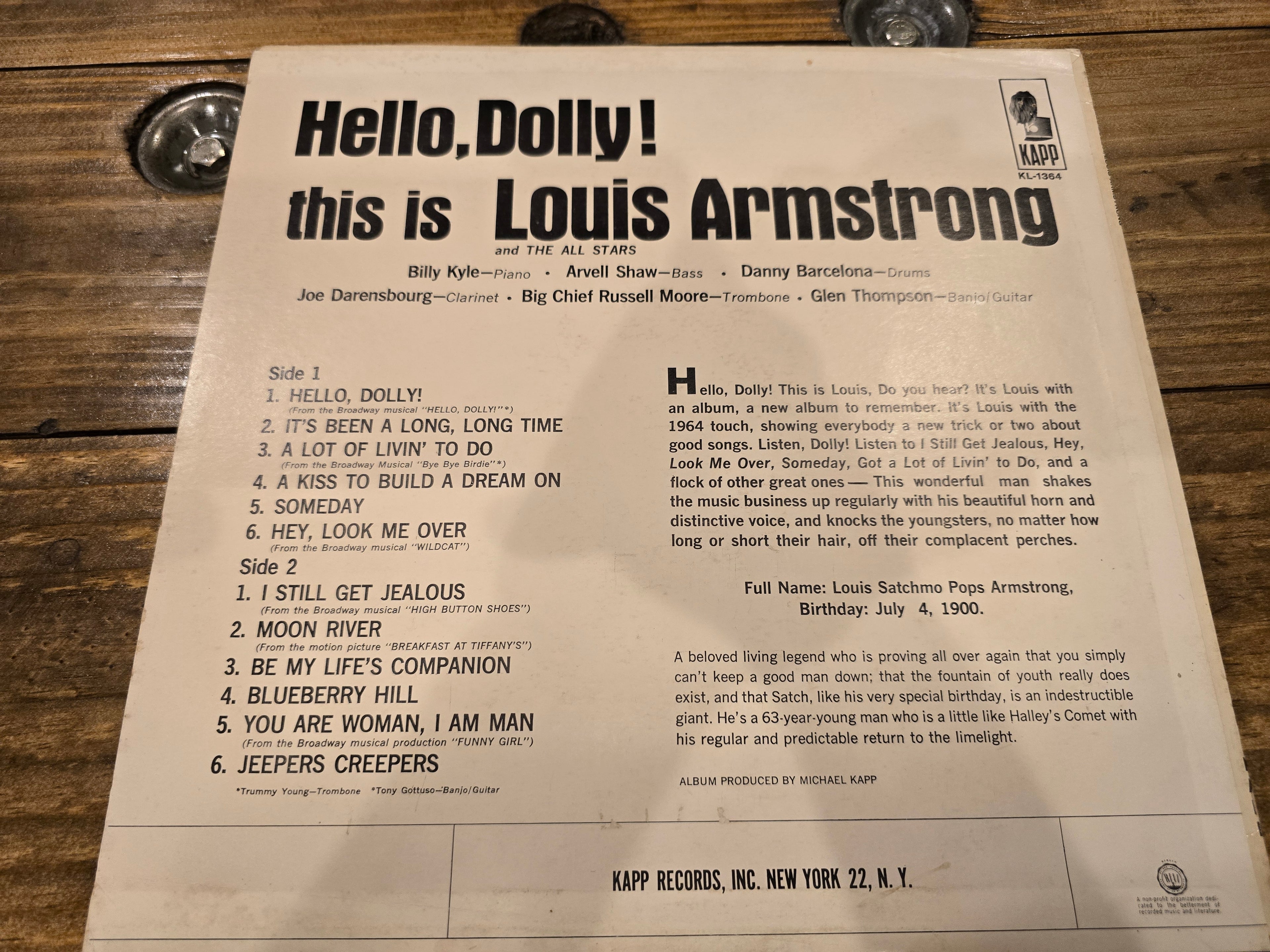 Louis Armstrong – Hello, Dolly! (1964, LP, Kapp Records, KL-1364, Mono)