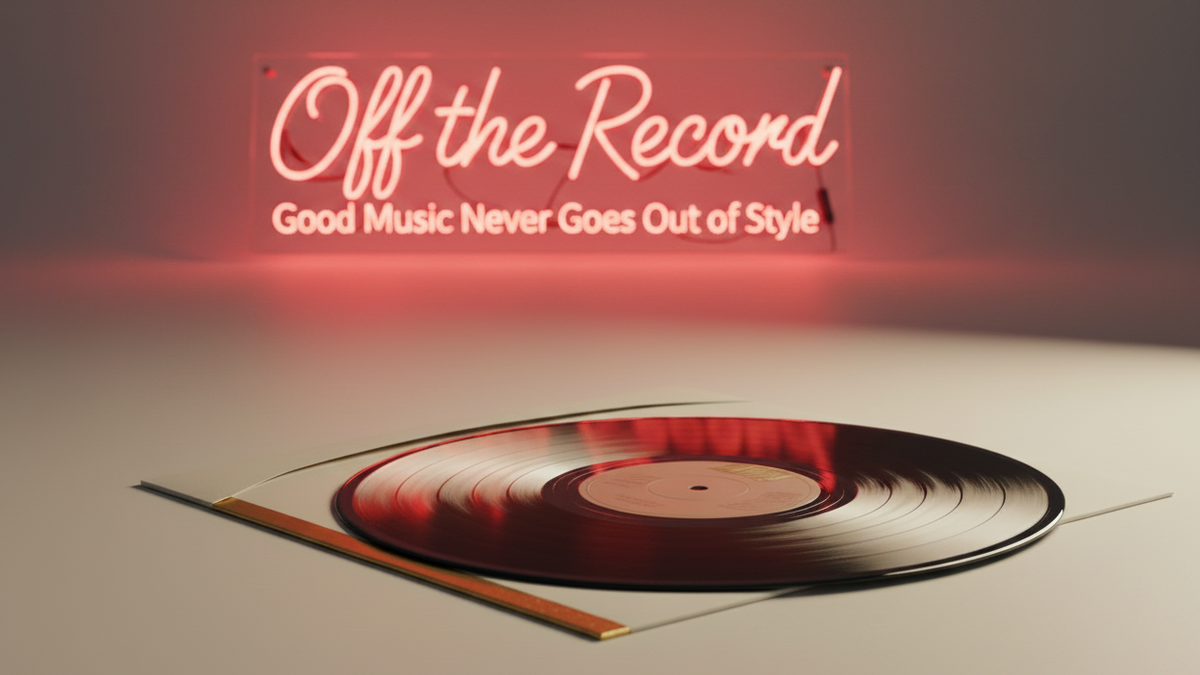 A vinyl record with a red and black marbled pattern lies on a surface beneath a glowing pink neon sign that reads 'Off the Record' and 'Good Music Never Goes Out of Style'.